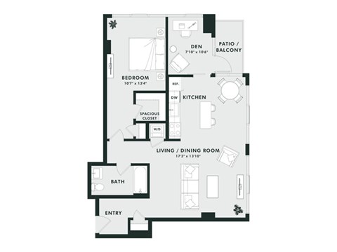 Floor plan for 1 bed, 1 bath, 947 sqft